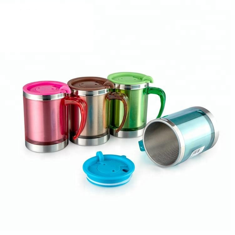 Custom Colorful Double Wall Travel Mugs Plastic Metal Reusable Coffee Cup Mug Stainless Steel